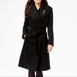 Black wool boucle trench winter coat